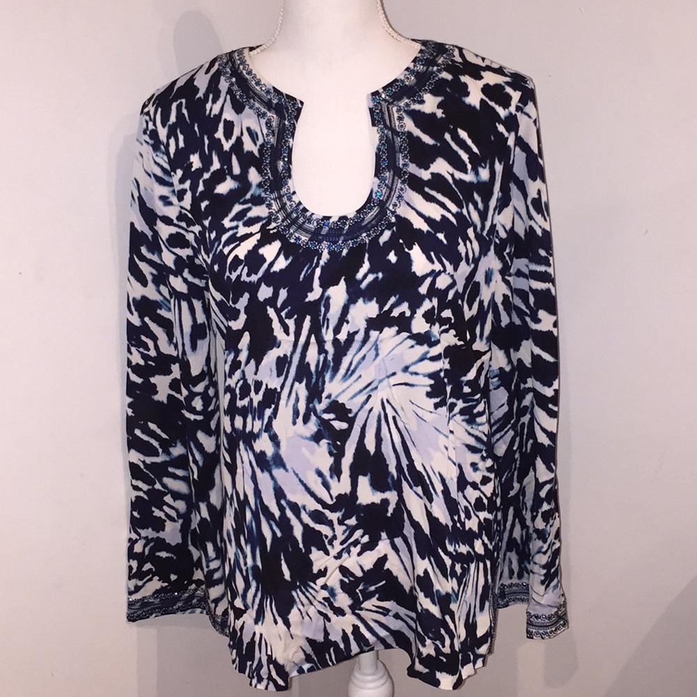 St. John Long Sleeve Embellished Silk Stretch Top